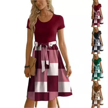 Женское модное платье с цветными блоками и принтом на шнуровке с короткими рукавами и круглым вырезом XXL чёрный