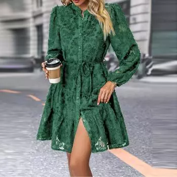 Женское модное платье с цветочным кружевом, длинными рукавами, однотонное, со стоячим воротником XL