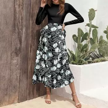 Женское модное платье с цветочным принтом и оборками L чёрный