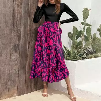 Женское модное платье с цветочным принтом и оборками L чёрный