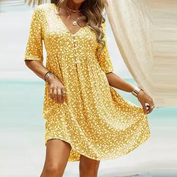 Женское модное платье с цветочным принтом, летнее повседневное пляжное платье с v-образным вырезом и половиной рукавов XXXL красный