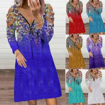 Женское модное платье с цветочным принтом, платья на молнии с v-образным вырезом, свободное повседневное мини-платье с длинным рукавом, платье S фиолетовый