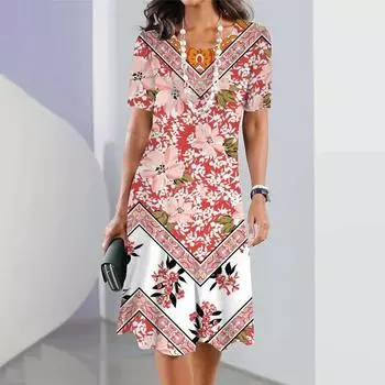 Женское модное платье с цветочным принтом, летнее ретро-платье с круглым вырезом, повседневное платье А-силуэта, свободное женское платье с коротким рукавом S