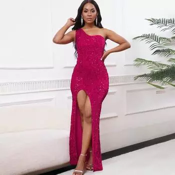 Женское модное платье с диагональными плечами и сексуальным разрезом, длинное платье с пайетками, длинное платье S розы красного