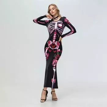 Женское модное платье с длинным рукавом и принтом скелета, цветочное платье макси с круглым вырезом L чёрный