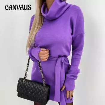 Женское модное платье с длинным рукавом и высоким воротом на весну и осень S чёрный