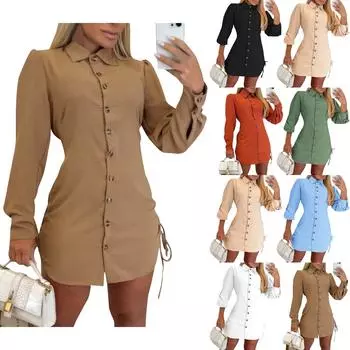 Женское модное платье с длинным рукавом, однотонное, с завязками по бокам L бежевый