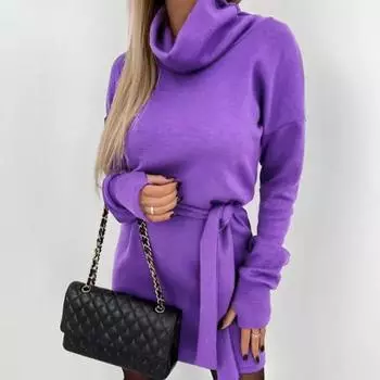 Женское модное платье с длинным рукавом и высоким воротом на весну и осень S чёрный