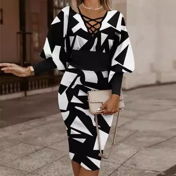 Женское модное платье с длинными рукавами и принтом S красный