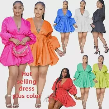 Женское модное платье с глубоким V-образным вырезом и рукавами-фонариками - осень 2022 г. Medium чёрный