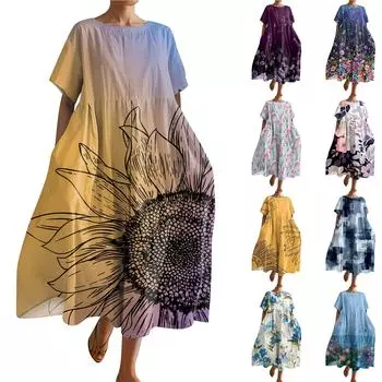 Женское модное платье с карманом и круглым вырезом с короткими рукавами и принтом L синий