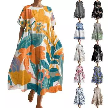 Женское модное платье с карманом и круглым вырезом с короткими рукавами и принтом L чёрный