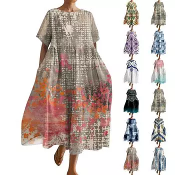 Женское модное платье с карманом и круглым вырезом с короткими рукавами и принтом L чёрный