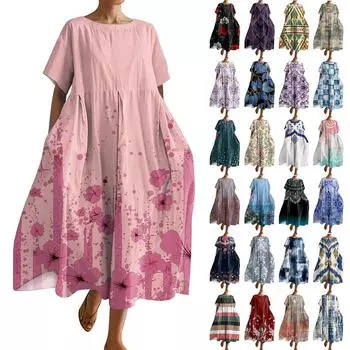 Женское модное платье с карманом и круглым вырезом с короткими рукавами и принтом L чёрный