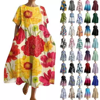 Женское модное платье с карманом и круглым вырезом с короткими рукавами и принтом L чёрный