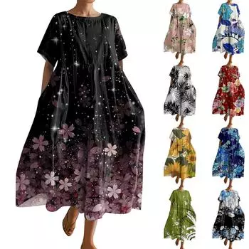 Женское модное платье с карманом и круглым вырезом с короткими рукавами и принтом L