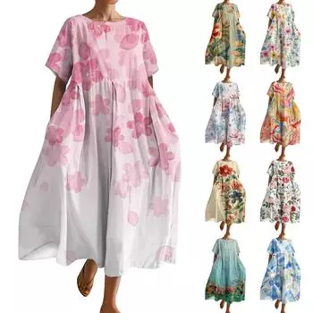 Женское модное платье с карманом и круглым вырезом с короткими рукавами и принтом L