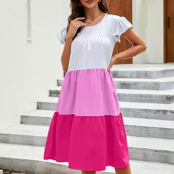 Женское модное платье с контрастной трехцветной строчкой и круглым вырезом M