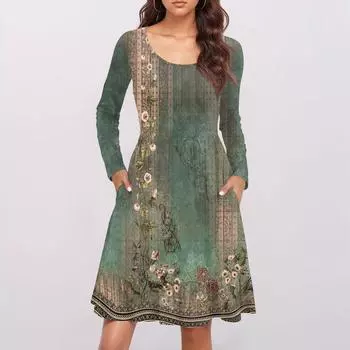 Женское модное платье с круглым вырезом и длинными рукавами, с принтом, свободная талия, плиссированное повседневное платье L армия зеленый