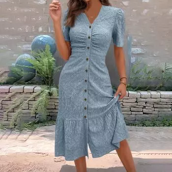 Женское модное платье с круглым вырезом, короткими рукавами, однотонное, на пуговицах XXL