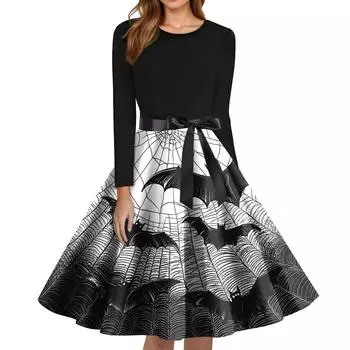 Женское модное платье с круглым вырезом, повседневное, приталенное, с принтом на Хэллоуин и длинным рукавом XXXXXL