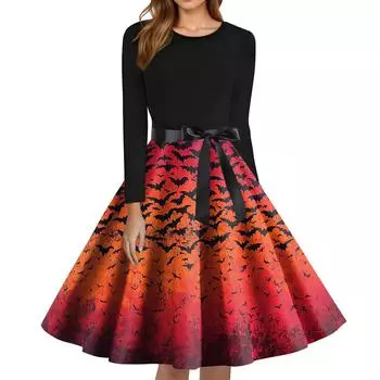 Женское модное платье с круглым вырезом, повседневное, приталенное, с принтом на Хэллоуин и длинным рукавом XXL