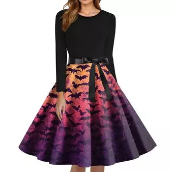 Женское модное платье с круглым вырезом, повседневное, приталенное, с принтом на Хэллоуин и длинным рукавом XL