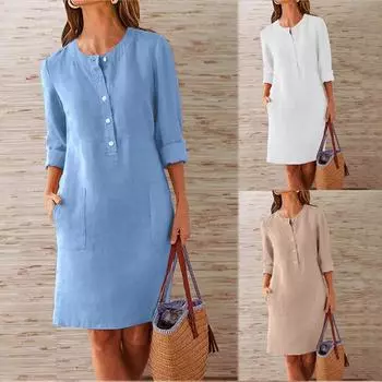 Женское модное платье с круглым вырезом и карманами на пуговицах, однотонное платье с длинным рукавом L синий