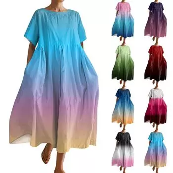 Женское модное платье с круглым вырезом и короткими рукавами с градиентным принтом и свободным подолом L синий