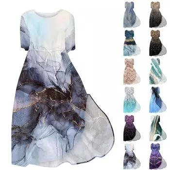 Женское модное платье с круглым вырезом и коротким рукавом с завязками, повседневное платье