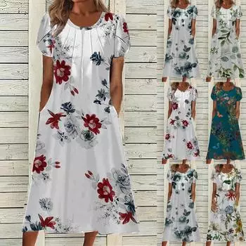 Женское модное платье с круглым вырезом и цветочным принтом, кружевное платье с рукавами, длинное платье с карманами L