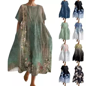 Женское модное платье с круглым вырезом и короткими рукавами с градиентным принтом и свободным подолом L армия зеленый