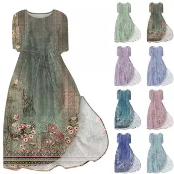 Женское модное платье с круглым вырезом и коротким рукавом с завязками, повседневное платье