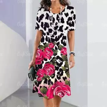 Женское модное платье с круглым вырезом и коротким рукавом, элегантное платье длиной до колена с цветочным принтом, летнее повседневное платье PartyFit S