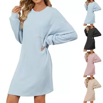 Женское модное платье с круглым вырезом, однотонным карманом и длинным рукавом L бежевый