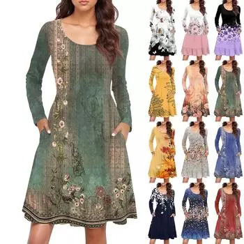 Женское модное платье с круглым вырезом и длинными рукавами, с принтом, свободная талия, плиссированное повседневное платье L армия зеленый