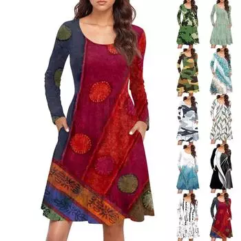 Женское модное платье с круглым вырезом и длинными рукавами, с принтом, свободная талия, плиссированное повседневное платье L армия зеленый