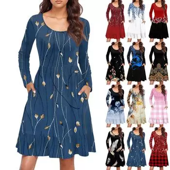 Женское модное платье с круглым вырезом и длинными рукавами, с принтом, свободная талия, плиссированное повседневное платье XXL синий