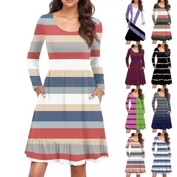 Женское модное платье с круглым вырезом и длинными рукавами, с принтом, свободная талия, плиссированное повседневное платье XXXL розовый