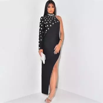 Женское модное платье с круглым вырезом и высоким разрезом, однотонное платье S чёрный