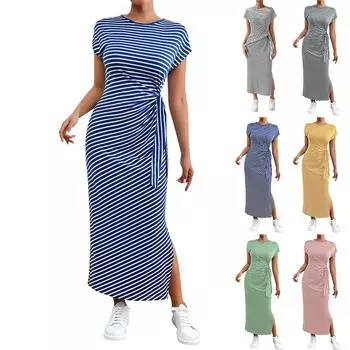 Женское модное платье с круглым вырезом в полоску, короткими рукавами, облегающим кроем и разрезом для похудения L чёрный