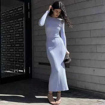 Женское модное платье с круглым вырезом и длинным рукавом, облегающая юбка-рыбий хвост S синий