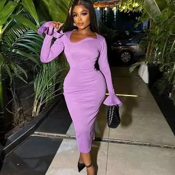 Женское модное платье с круглым вырезом, однотонное платье с расклешенными рукавами, платье с разрезом до середины талии и нестандартной юбкой S чёрный