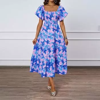 Женское модное платье с квадратным вырезом и цветочным принтом, короткими рукавами и эффектом темперамента L синий