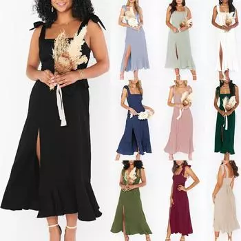 Женское модное платье с квадратным вырезом и французским разрезом, вечернее платье с рюшами и поясом XL чёрный