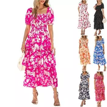 Женское модное платье с квадратным вырезом, короткими рукавами, защипнутой талией и цветочным принтом, длинное платье L чёрный