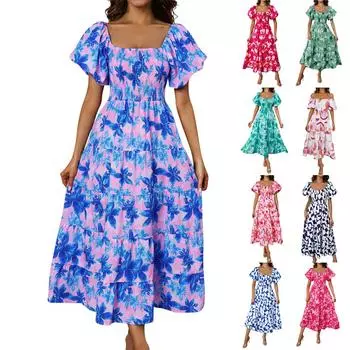 Женское модное платье с квадратным вырезом и цветочным принтом, короткими рукавами и эффектом темперамента L красный