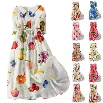 Женское модное платье с откидным воротником и рукавами 3/4 с принтом L синий