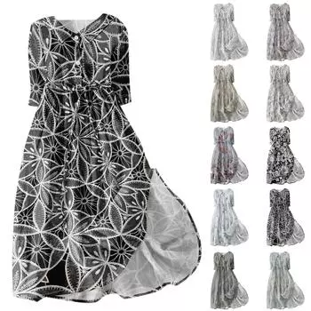 Женское модное платье с откидным воротником и рукавами 3/4 с принтом L бежевый