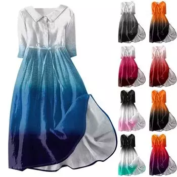 Женское модное платье с откидным воротником и рукавами 3/4 с принтом L синий